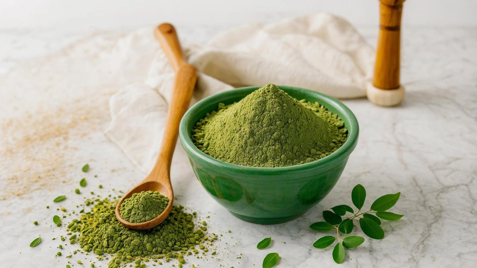 moringa powder in a bowl, with some moringa tree leaves